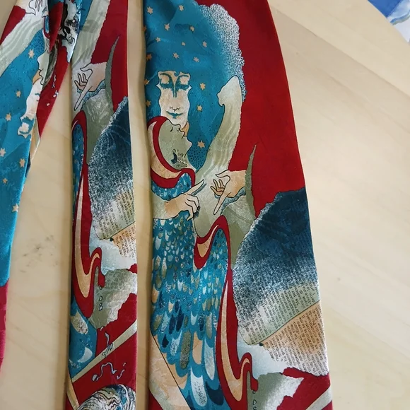 Vintage Deep Red and Teal Artistic Silk Italian Tie - Picture 2 of 9